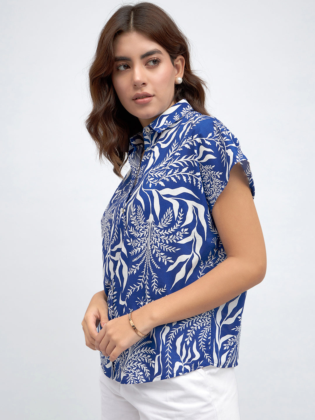 Spread Collar Regular Fit Tropical Print Blue Shirt