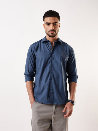 Men Blue Solid Spread Collar Embroidered Shirt