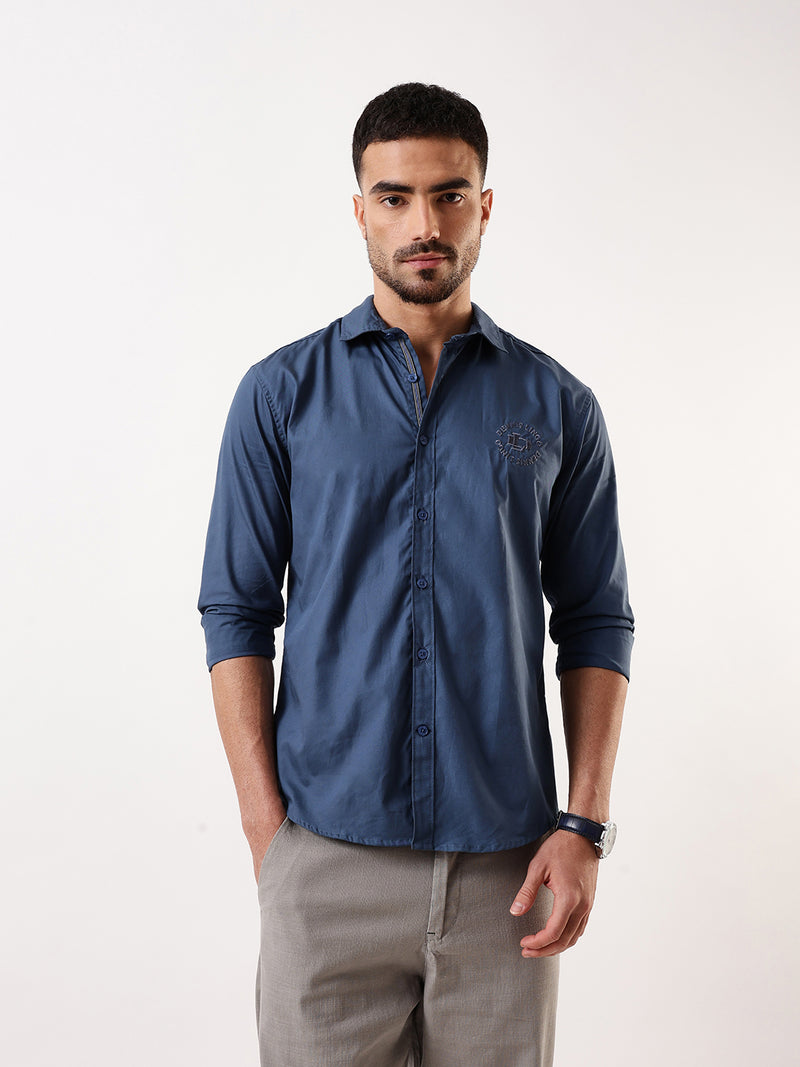 Men Blue Solid Spread Collar Embroidered Shirt