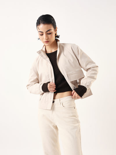 DL Woman Wine Solid Mock Collar Full Sleeves Jacket