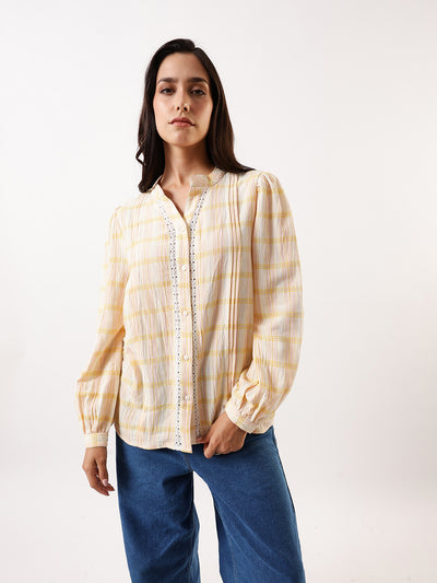 DL Woman Yellow Checks Mandarin Collar Full Sleeves Top