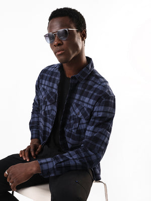 Men's Navy Flannel Checks Spread Collar Relaxed Fit Casual Shirt