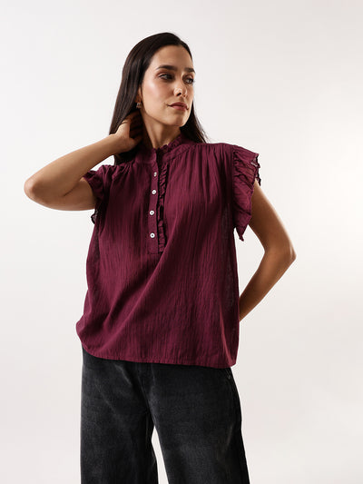 DL Woman Mauve Solid Textured Sleeveless Round Neck Ruffle Top