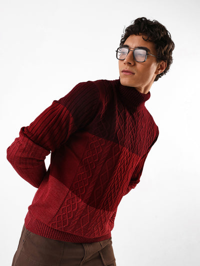 Men's Colourblocked Cable Knit Turtle Neck Pullover Sweater