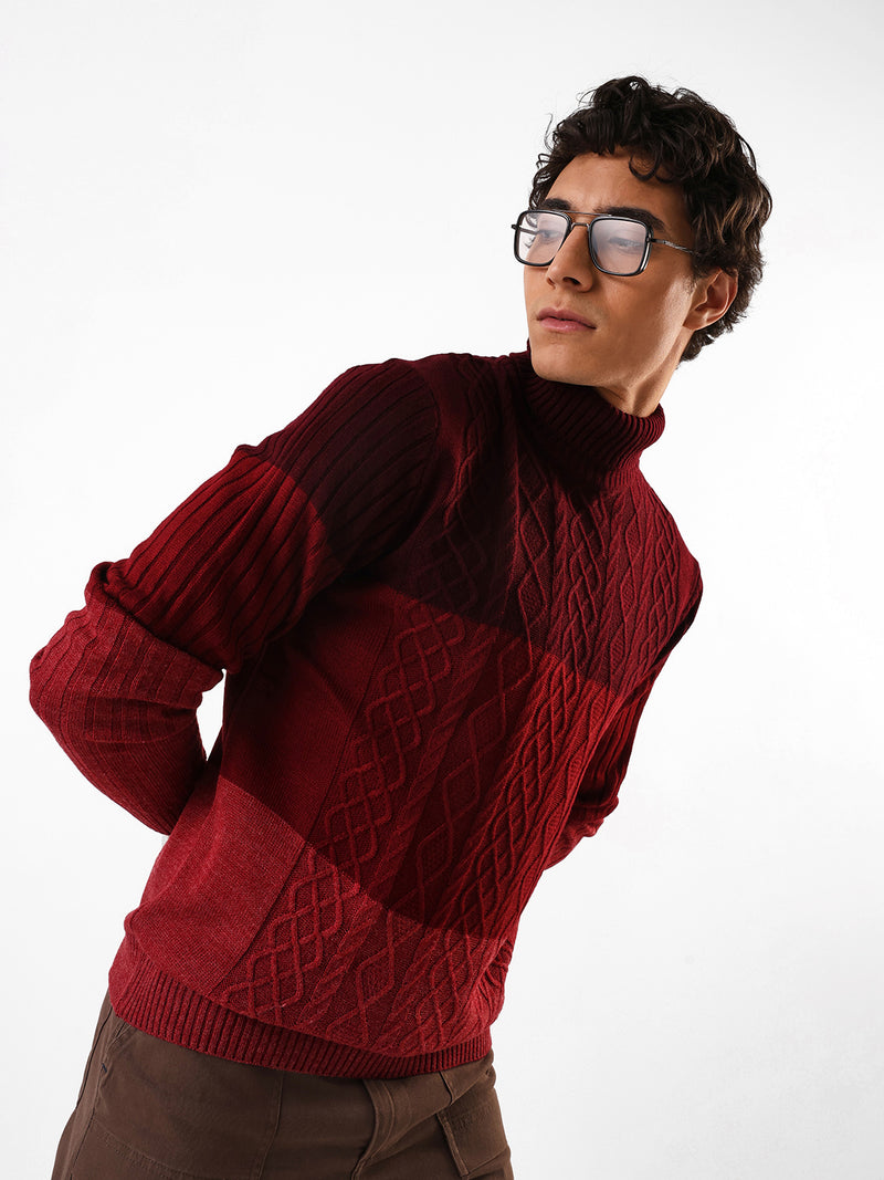 Men's Colourblocked Cable Knit Turtle Neck Pullover Sweater