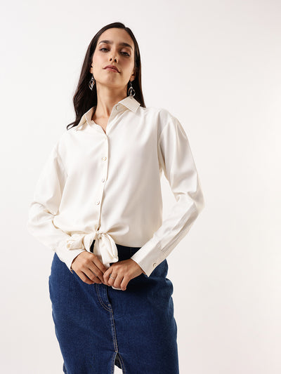DL Woman Solid Knotted Shirt Collar Top