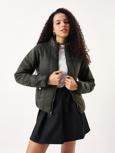 DL Woman Olive Solid Stand Collar Full sleeves Puffer Jacket