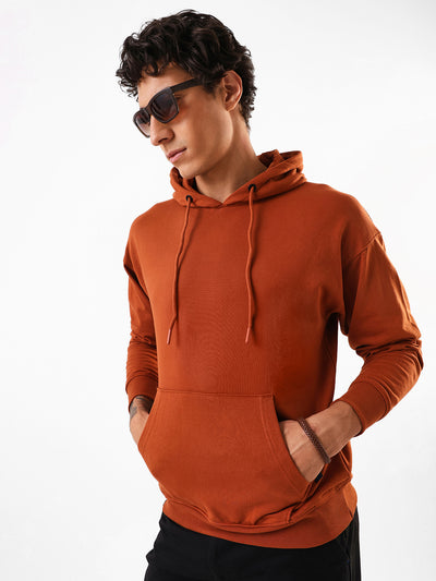 Men's Brown Solid Hooded Pullover Fleece Sweatshirt