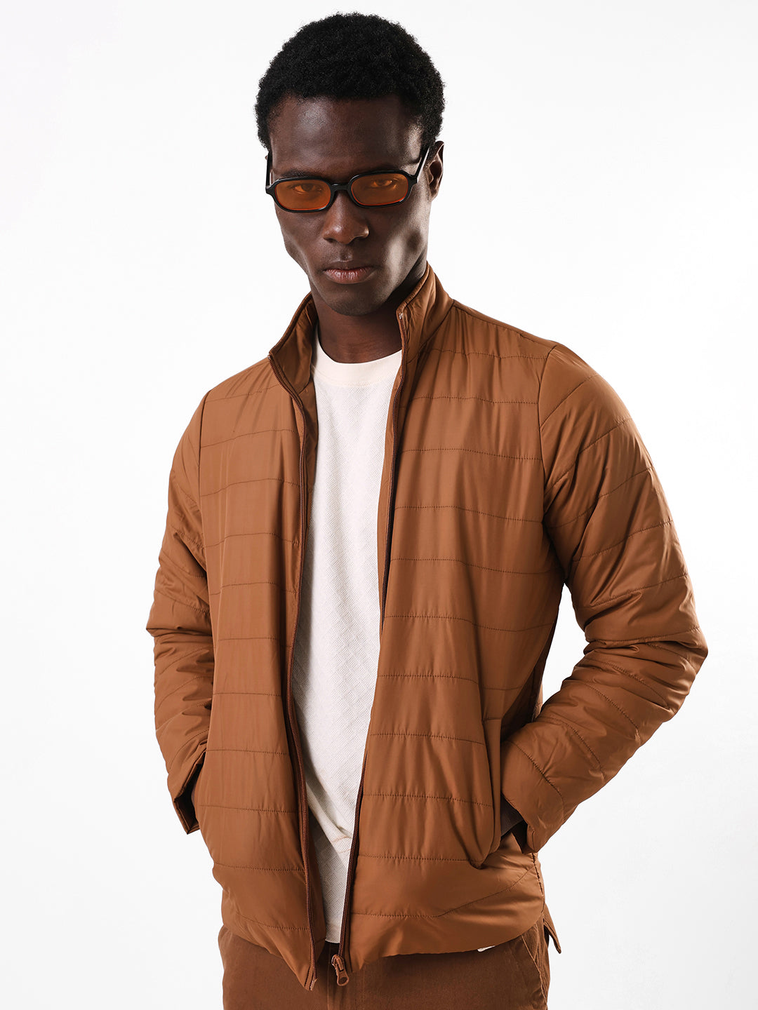 Men's Brown Solid Neck Collar Full Sleeves Puffer Jacket