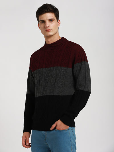 Men's Maroon Colorblock Round neck Pullover Sweater