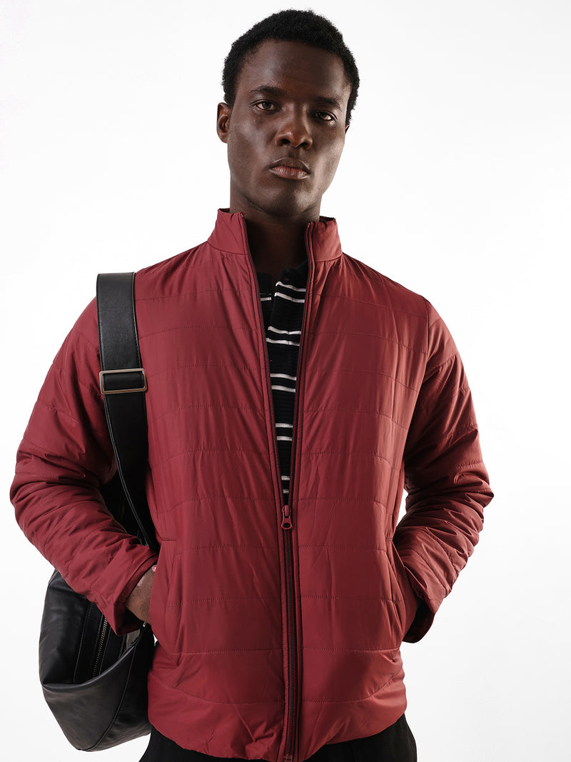 Men's Maroon Solid Mock Collar Full Sleeves Puffer Jacket
