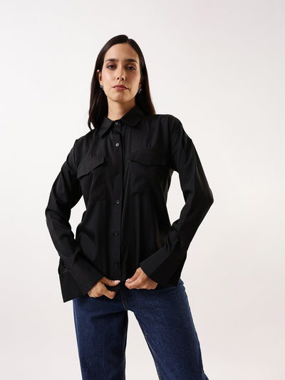 DL Woman Solid Double Pocket Spread Collar Shirt