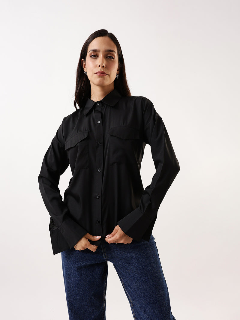 DL Woman Solid Double Pocket Spread Collar Shirt