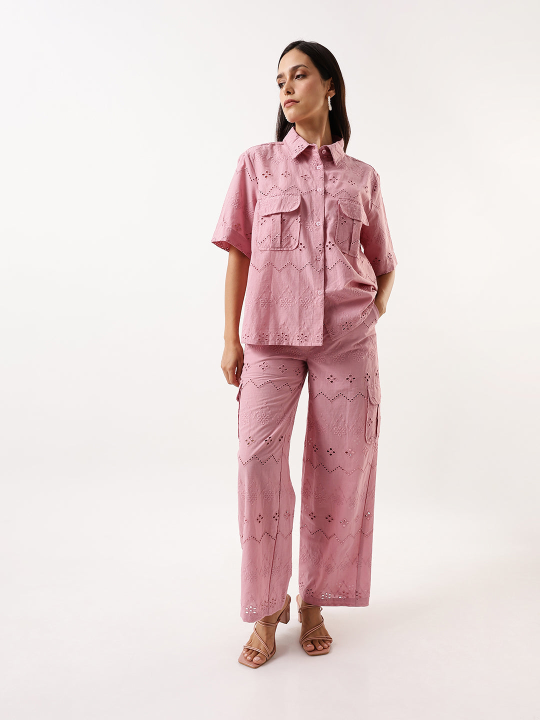 DL Woman Pink Schiffli Half Sleeves Shirt with Trousers Co-ords