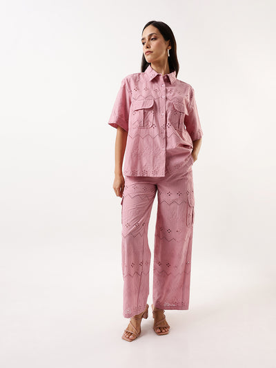 DL Woman Pink Schiffli Half Sleeves Shirt with Trousers Co-ords