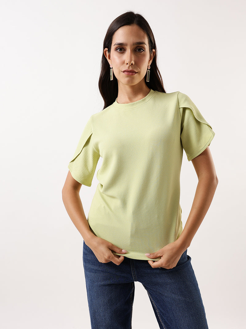 DL Woman Green Solid Textured Round Neck Petal Sleeves Top