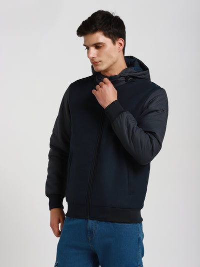 Dennis Lingo Men's Hooded Regular Fit Suede Solid Navy Jackets