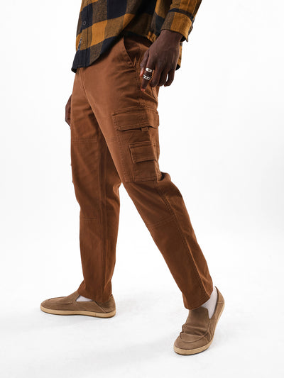 Men's Brown Solid Cotton Relaxed Fit Mid-Rise Cargo Trousers