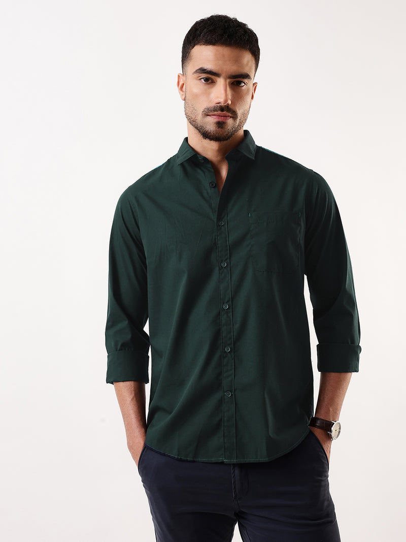 Men Bottle green Solid Spread Collar Full Sleeves Regular Fit Casual Shirt