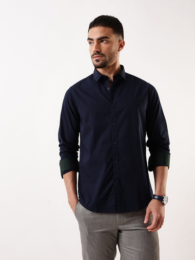 Men Navy Solid Spread Collar Full Sleeves Regular Fit Casual Shirt