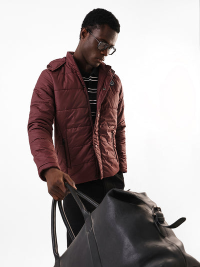 Men's Wine Solid Hooded Full Sleeves Puffer Jacket