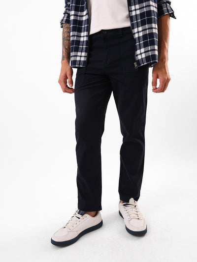 Men's Navy Solid Cotton Relaxed Fit Mid-Rise Cargo Trousers