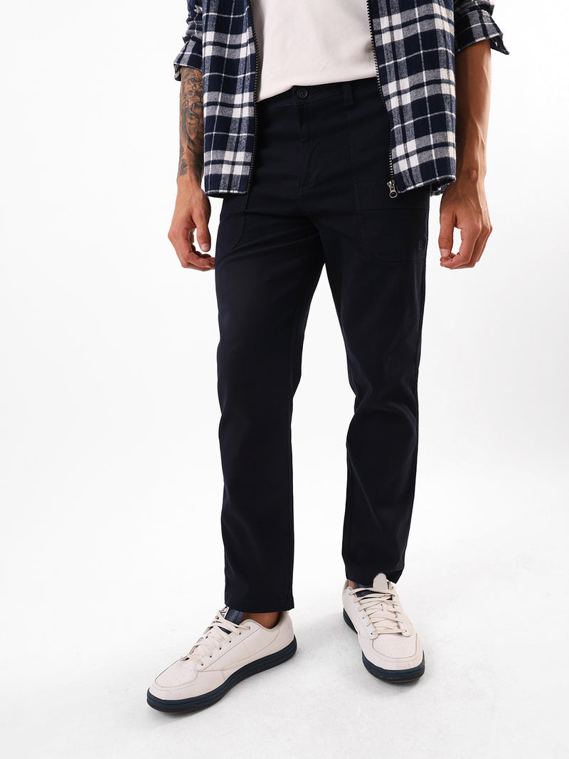Men's Navy Solid Cotton Relaxed Fit Mid-Rise Cargo Trousers