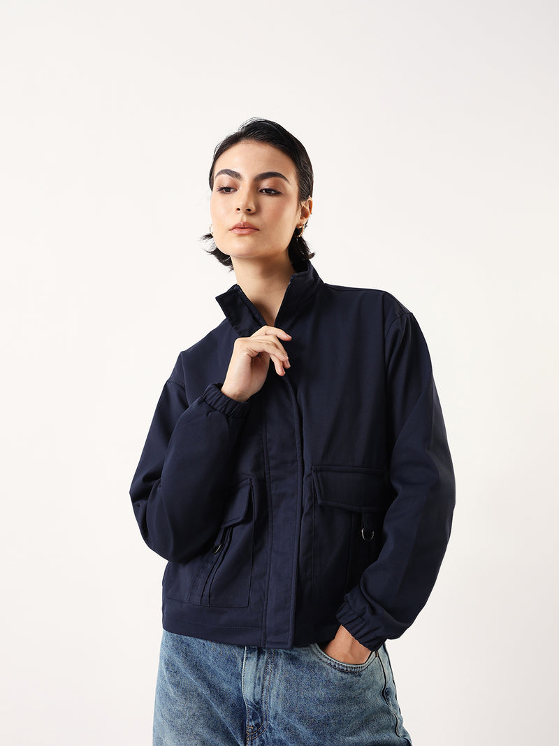 DL Woman Denim Blue Solid Mock Collar Full Sleeves Jacket