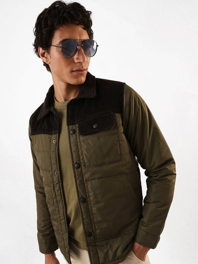Men's Black & Olive Colourblocked Spread Collar Full Sleeves Puffer Jacket