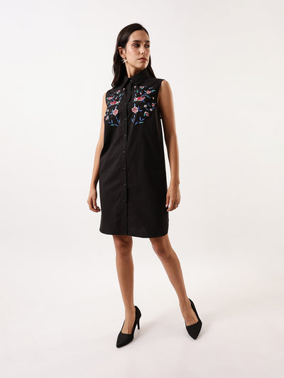 DL Woman Black Embroidered Spread Collar Sleeveless Shirt Dress