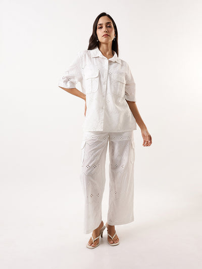 DL Woman White Schiffli Half Sleeves Shirt with Trousers Co-ords