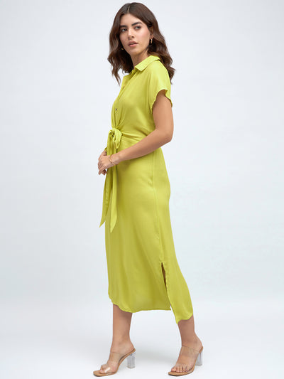 DL Woman Shirt Collar Regular Fit Solid Green Midi Tie-Up Dress