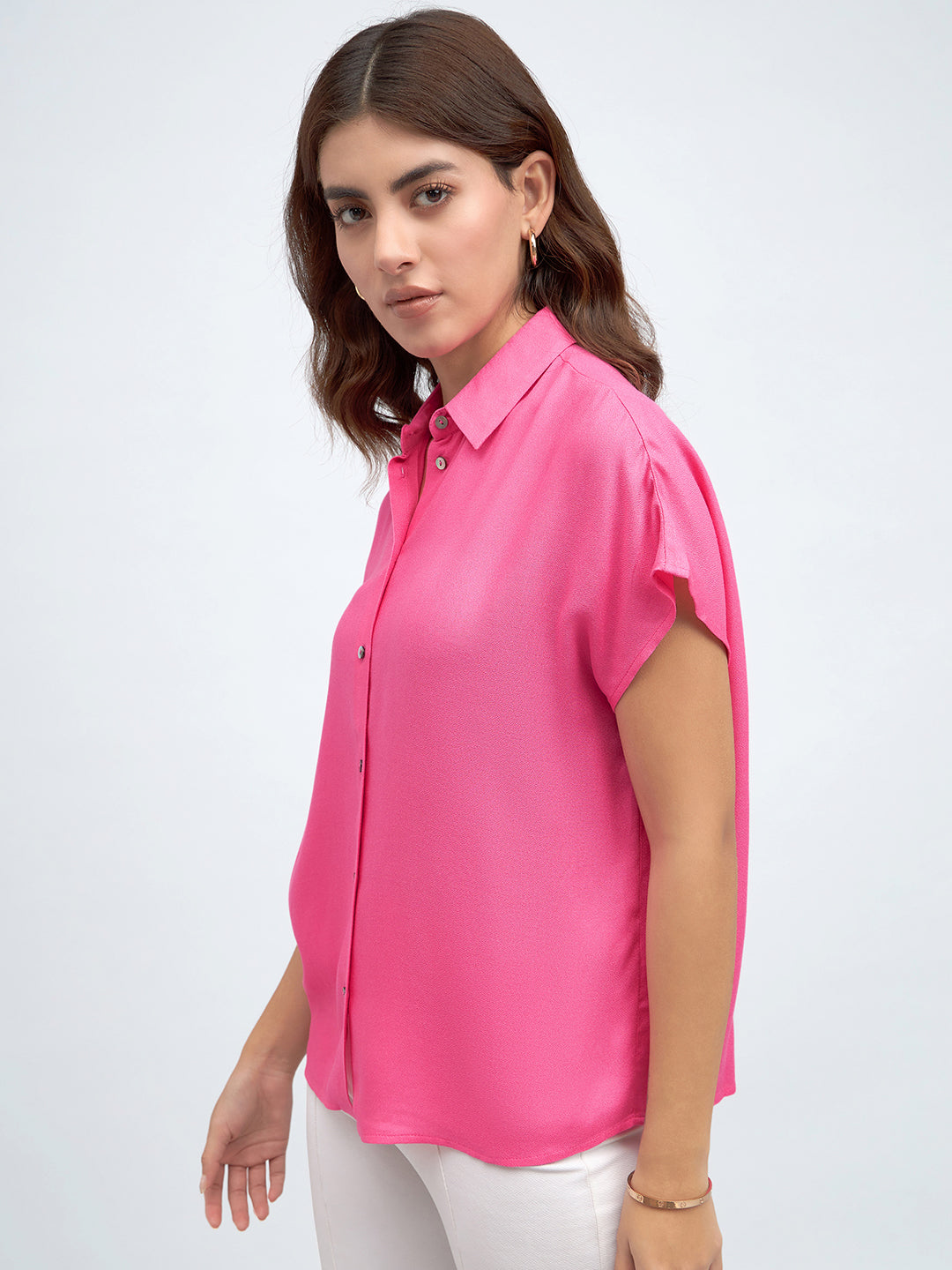 Women Spread Collar Relaxed Fit Solid Pink Shirt