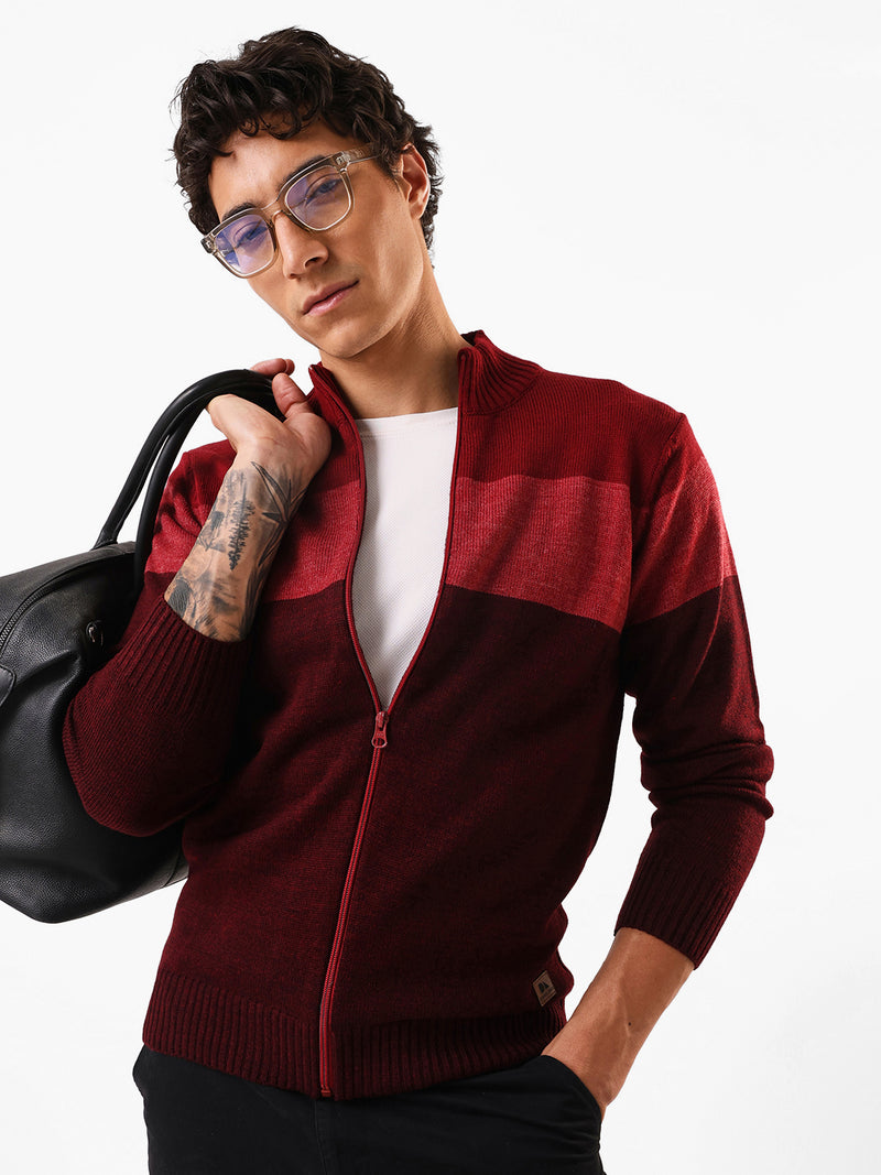 Men's Maroon Colourblocked Mock Collar Front-Open Sweater