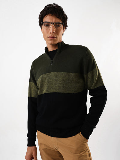 Men's Colourblocked Mock Collar Pullover Sweater
