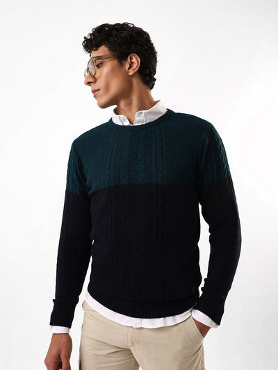 Men's Teal & Black Colourblocked Cable Knit Round Neck Pullover Sweater