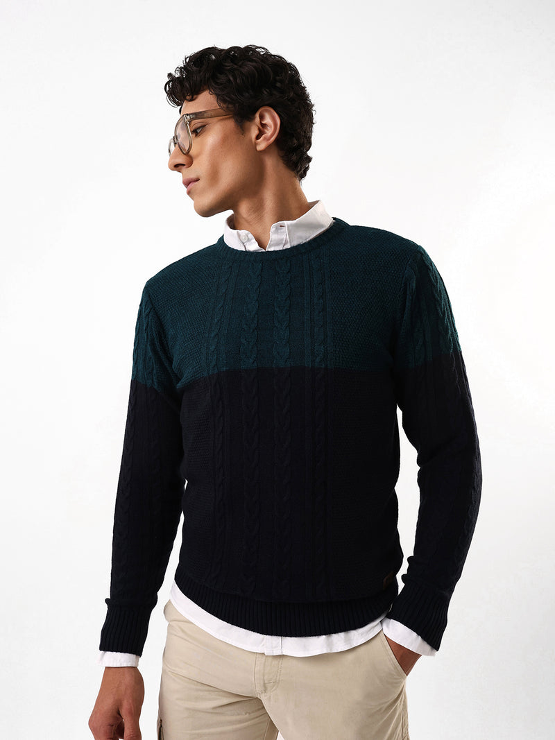 Men's Teal & Black Colourblocked Cable Knit Round Neck Pullover Sweater