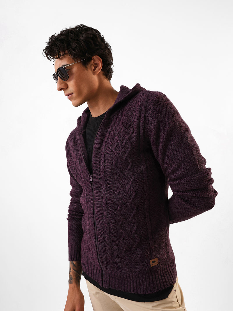 Men's Solid Cable Knit Hooded Front-Open Sweater