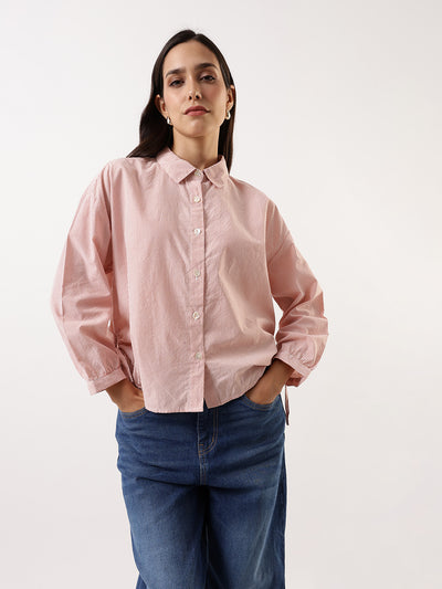 DL Woman Orange Striped Spread Collar Full Sleeves Relaxed Fit Tie-Up Shirt