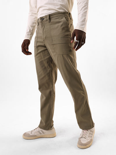 Men's Sage Solid Cotton Relaxed Fit Mid-Rise Cargo Trousers