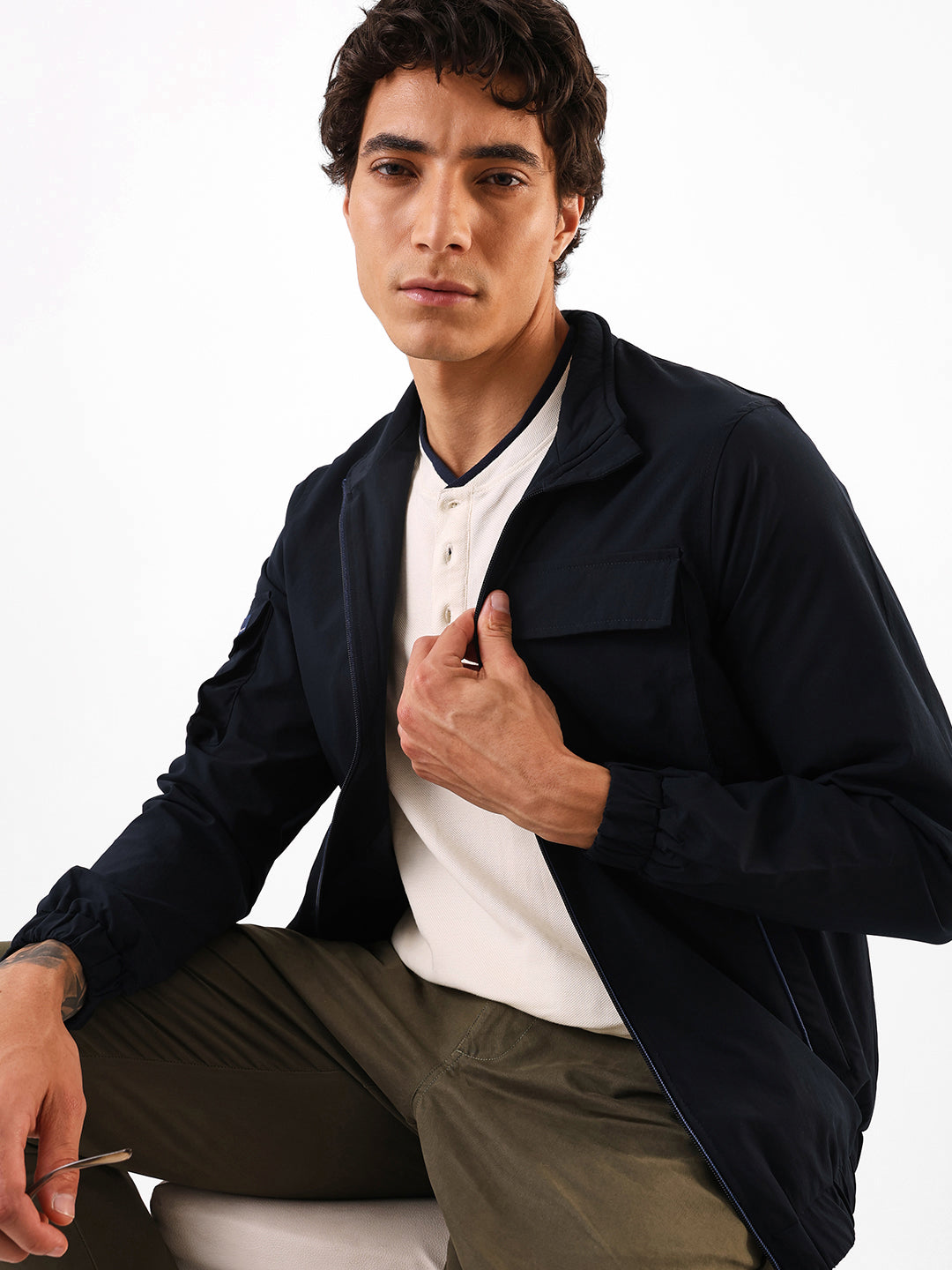 Men's Navy Solid Mock Collar Full Sleeves Lightweight Open-Front Jacket