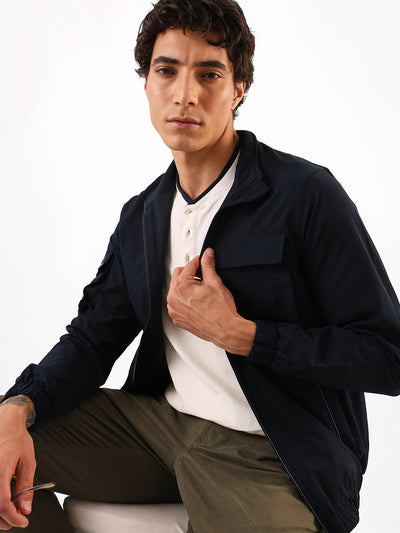 Men's Navy Solid Mock Collar Full Sleeves Lightweight Open-Front Jacket