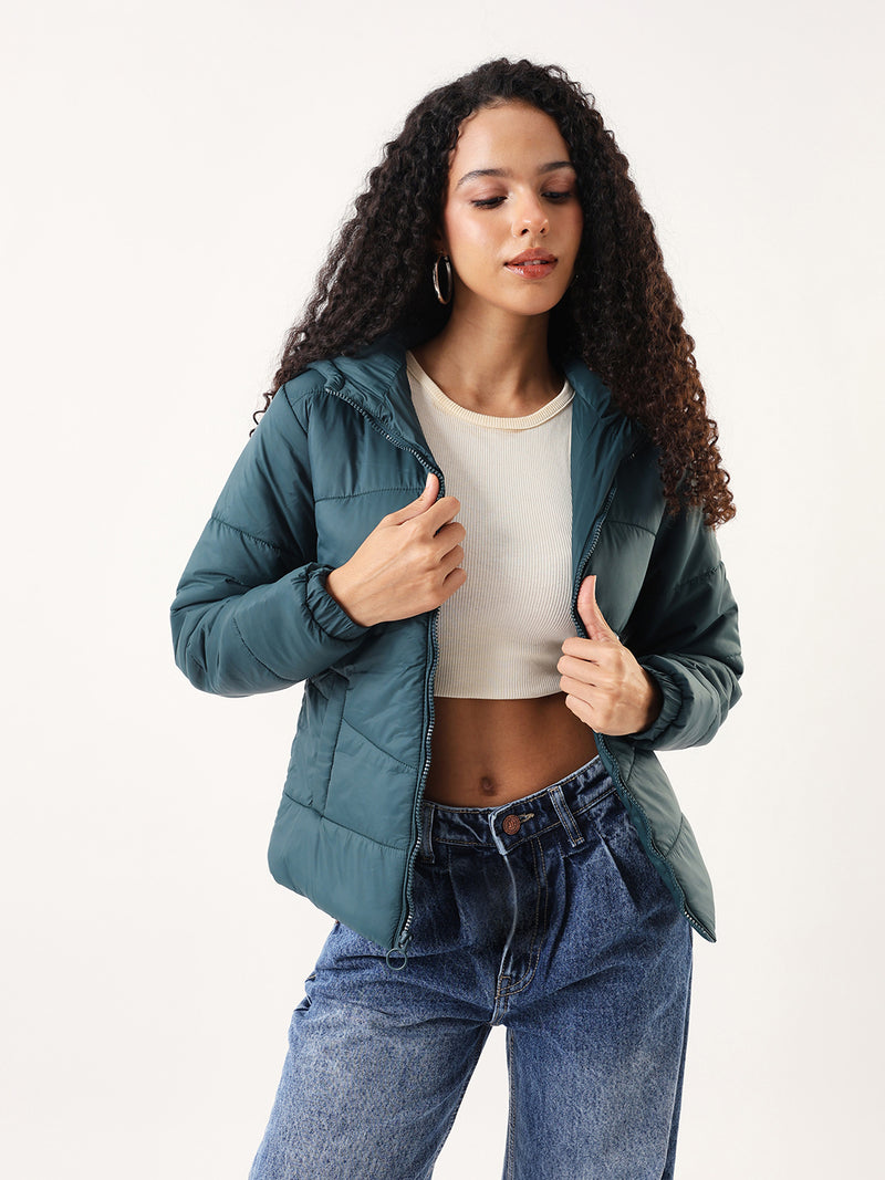 DL Woman Dark Green Hooded Full Sleeves Puffer Jacket