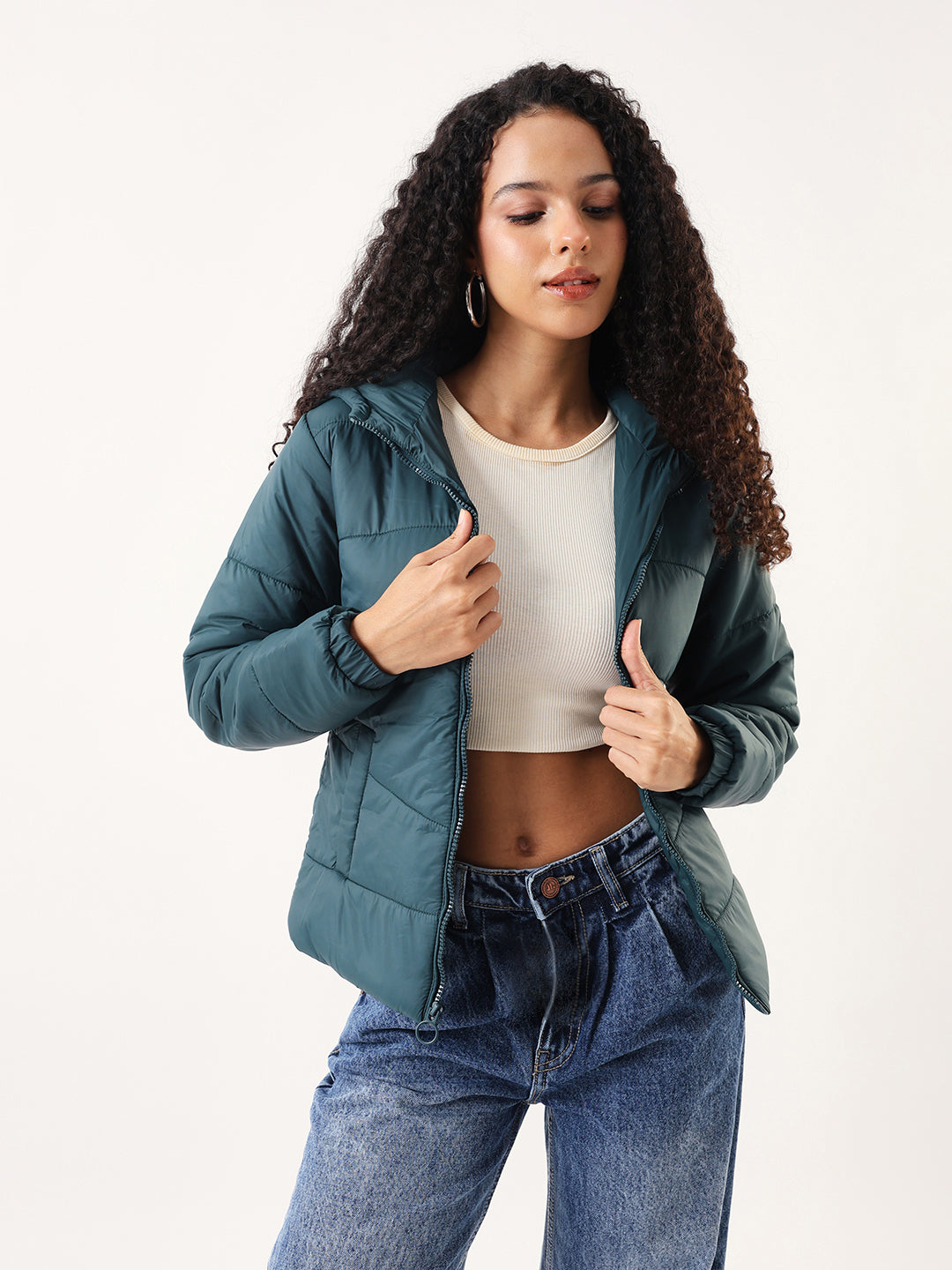 DL Woman Dark Green Hooded Full Sleeves Puffer Jacket