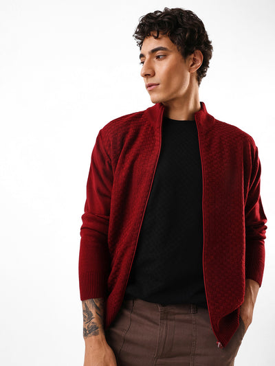 Men's Maroon Solid Self Design Mock Collar Front-Open Sweater