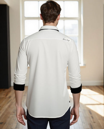 Men White Solid Spread Collar Full Sleeves Regular Fit Casual Shirt