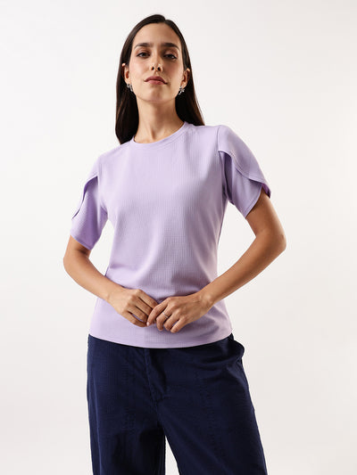 DL Woman Lavender Solid Textured Round Neck Petal Sleeves Top