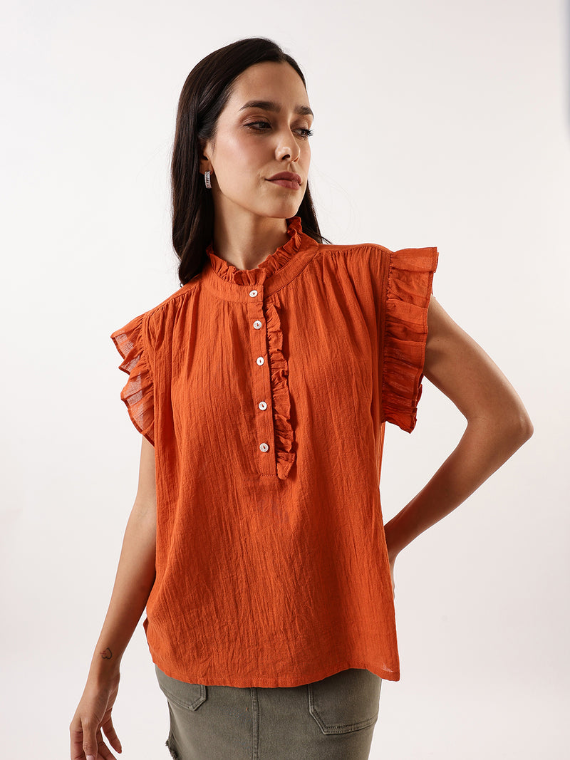 DL Woman Rust Solid Textured Sleeveless Round Neck Ruffle Top