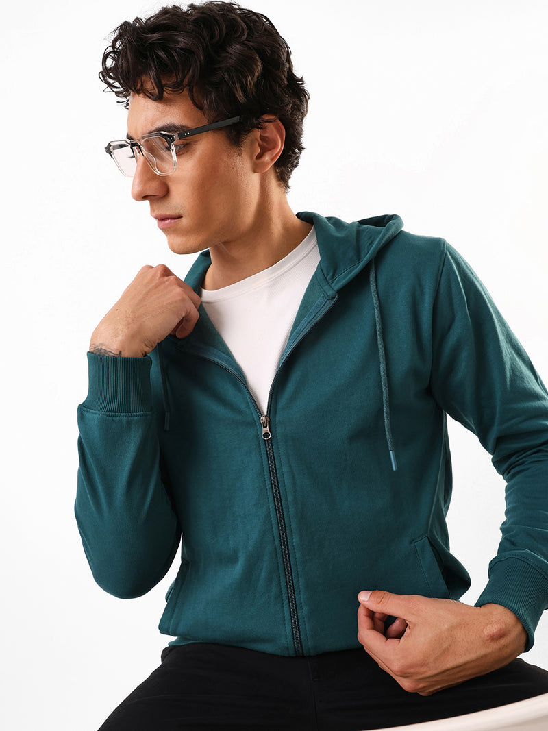 Men's Teal Solid Hooded Front-Open Fleece Sweatshirt