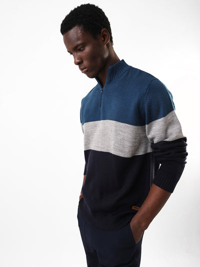 Men's Colourblocked Mock Collar Pullover Sweater